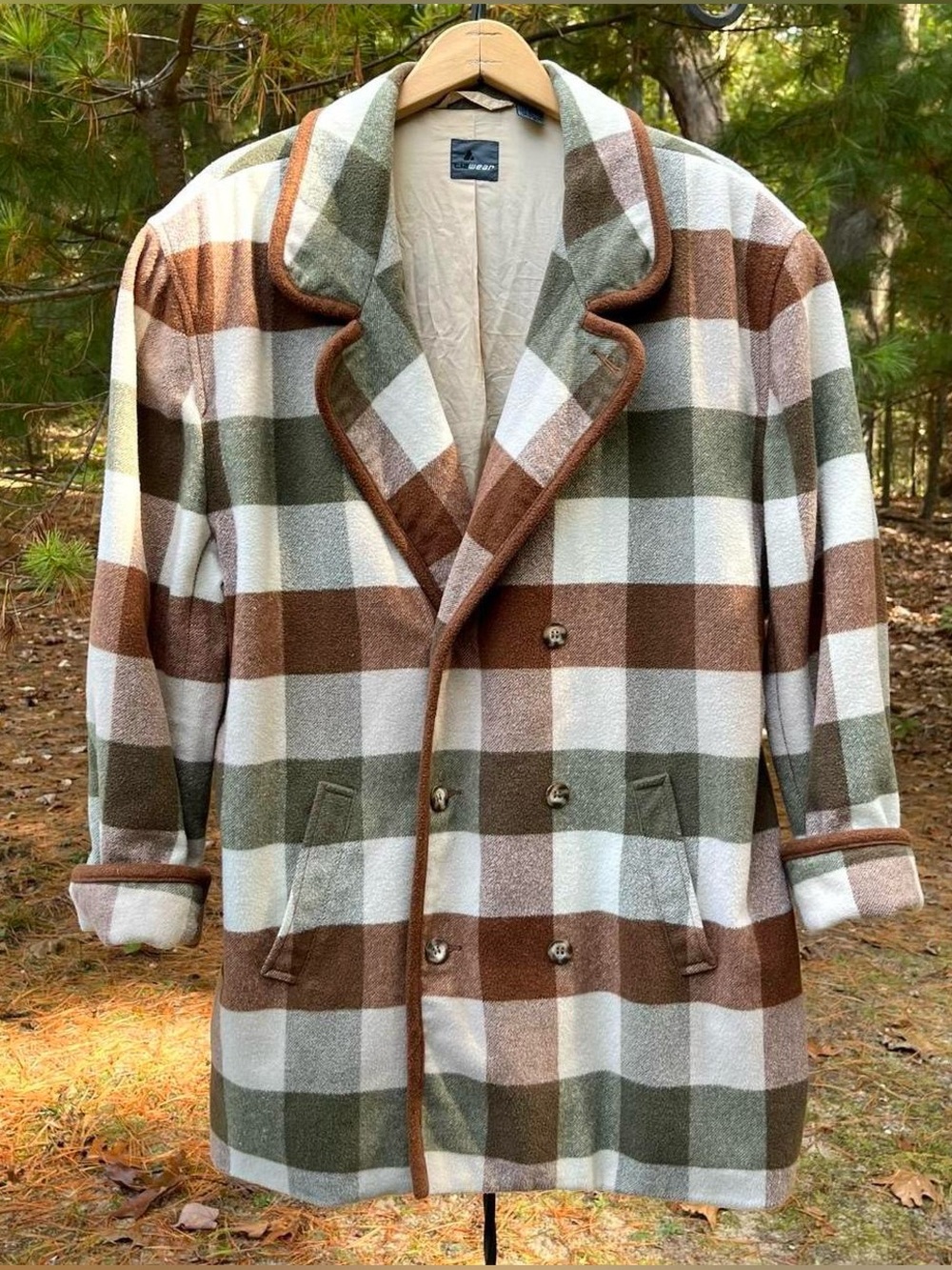 80s Liz Claiborne Wool Blend Plaid Double Breasted Overcoat Peacoat Fall Neutral